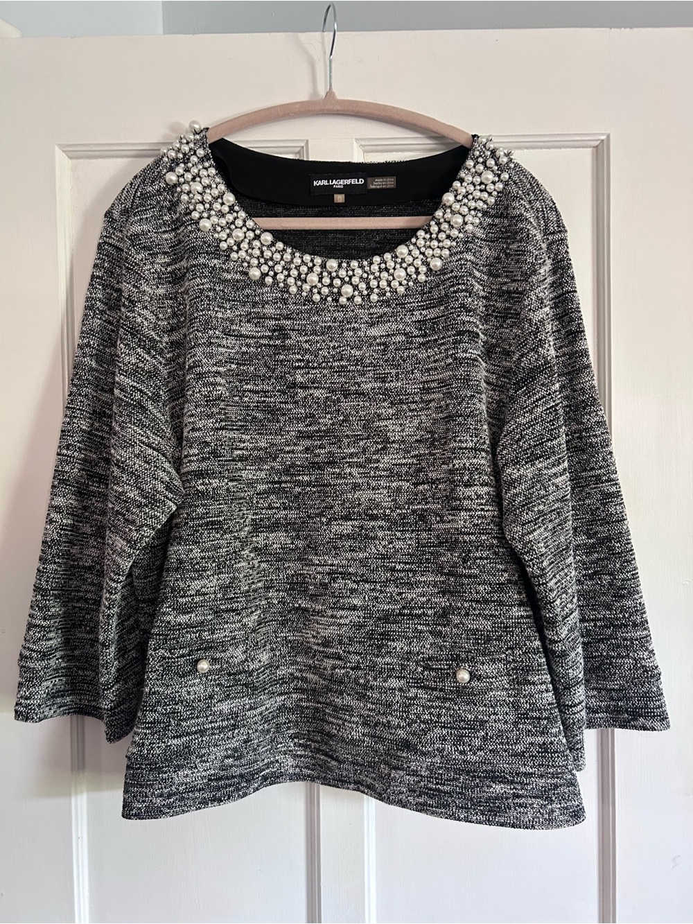 Karl Lagerfeld Black & White Pearl-Trim Knit Sweater
